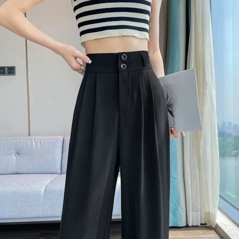 2025 New Spring Summer Button High Waist Wide Leg Pants for Women White High Waist Straight Loose Full Length Trousers Female