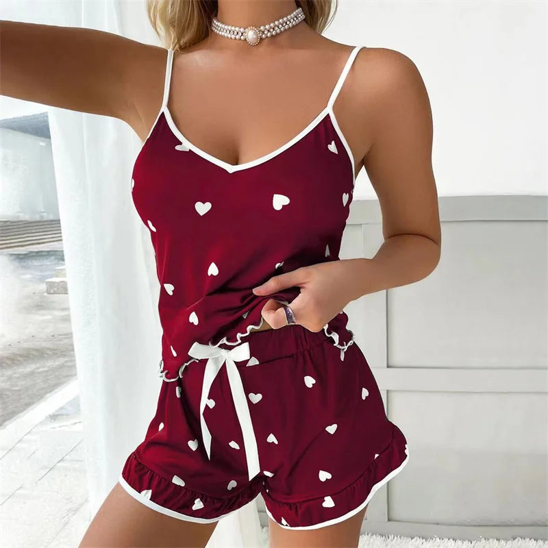 2025 Summer Pajama Set Large Size Vest Shorts Women's Suspenders Soft Casual Cute Printed Women pajamas set