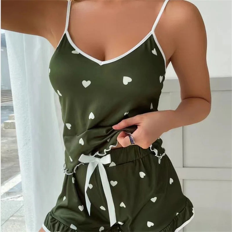2025 Summer Pajama Set Large Size Vest Shorts Women's Suspenders Soft Casual Cute Printed Women pajamas set