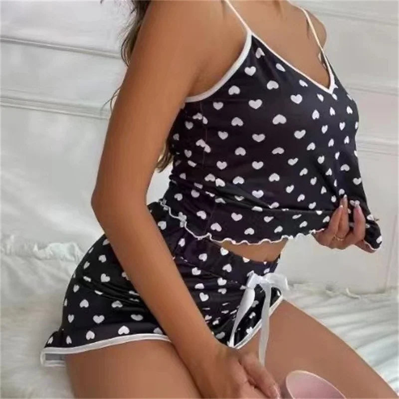 2025 Summer Pajama Set Large Size Vest Shorts Women's Suspenders Soft Casual Cute Printed Women pajamas set