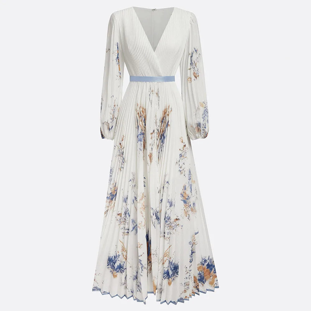 2025 Summer Long Sleeve Boho Maxi Long Dress Woman Elegant Floral Print A-Line Pleated Sexy Deep V Neck High Waist Dress Autumn