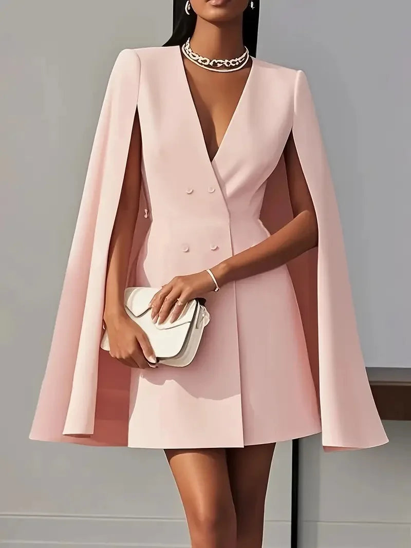 2025 Women Fashion Commuter Solid Blazers Dress Office Double Breasted Waist Party Dress Elegant V-neck Shawl Cape Sleeve Dress