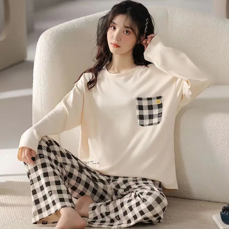 Spring and Autumn New Women's Thin Section Pajamas Homewear Suit Girls Summer Long-Sleeved Homewear Plus Size Cartoon Loose Suit