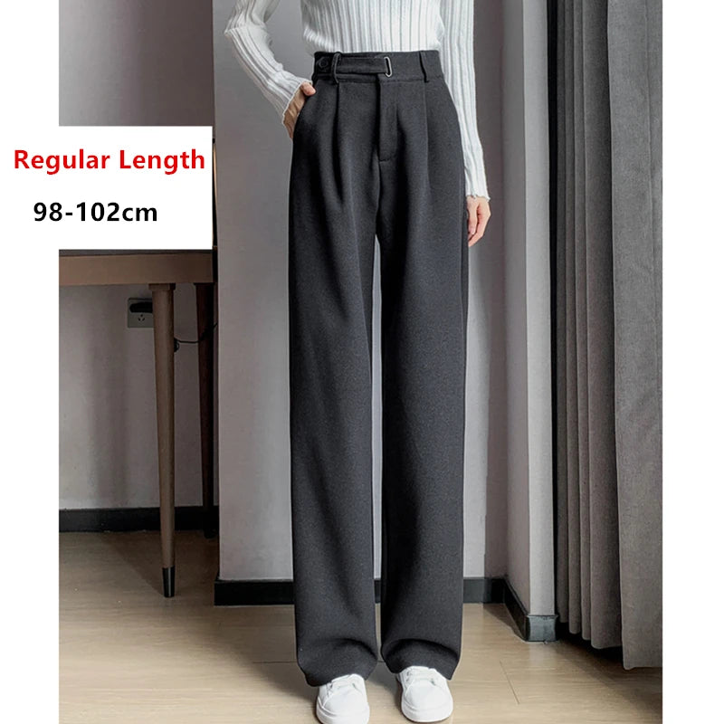 Seoulish Autumn Winter Thicken Woolen Casual Loose Full Length Pants 2025 New Button High Waist Chic Wide Leg Trousers Female