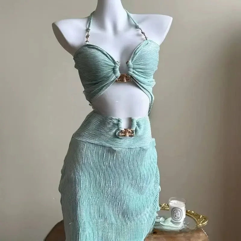 Mint Green High Quality Sexy Summer Vacation Hot Spring Beach Bikini Three Piece Swimsuit Set Separate Design for Women