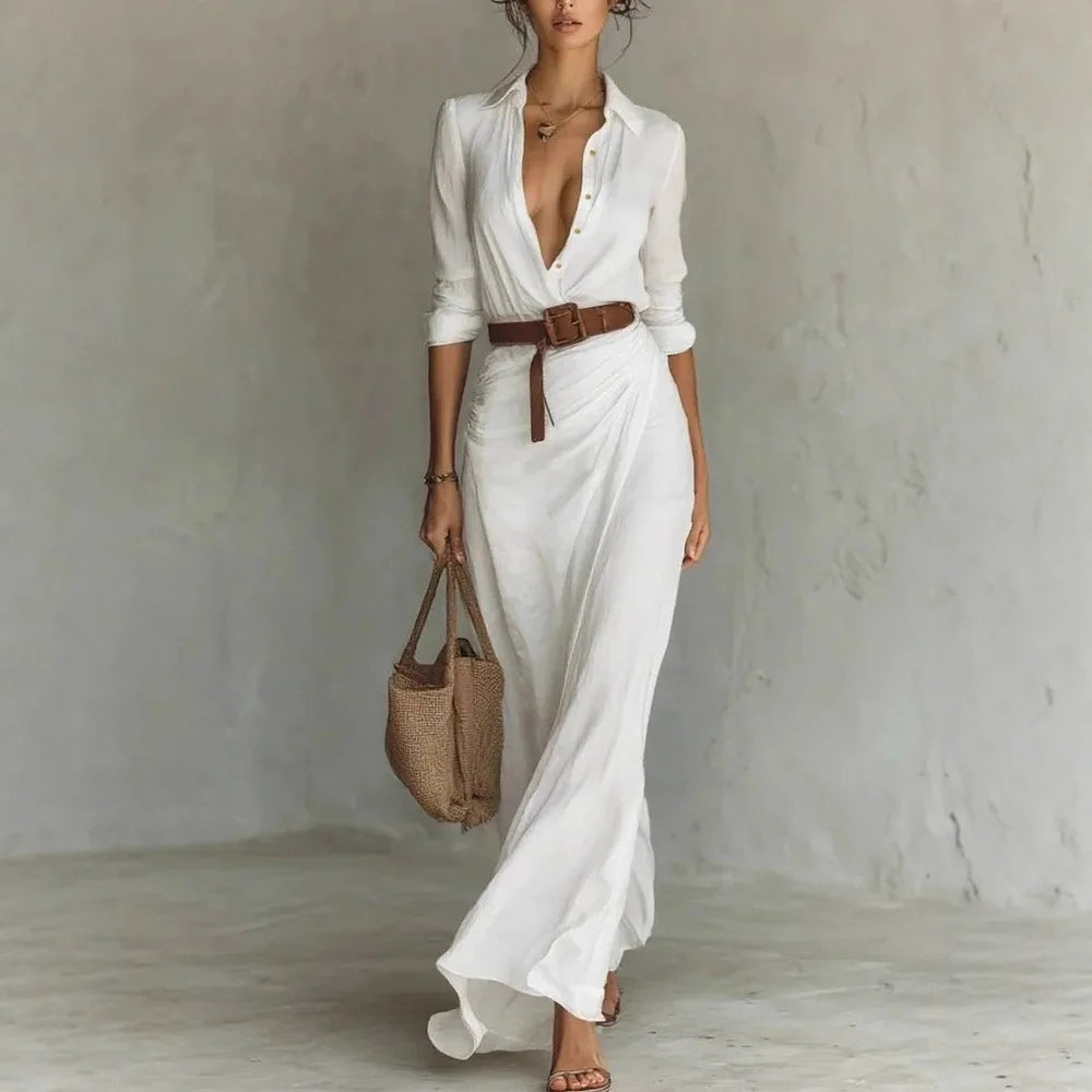 2025 New Autumn Woman Sexy Deep V Neck Hollow Long Dress Elegant Solid Belted Irregular Party Long Sleeve Slim Casual Dresses