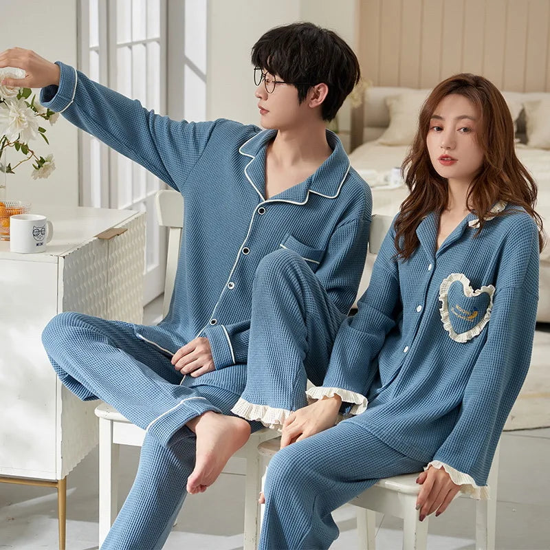 Autumn Winter Couple Men and Women Cotton Sleepwear Turn-down Collars Long Sleeve Pants Solid Nightwear Suit