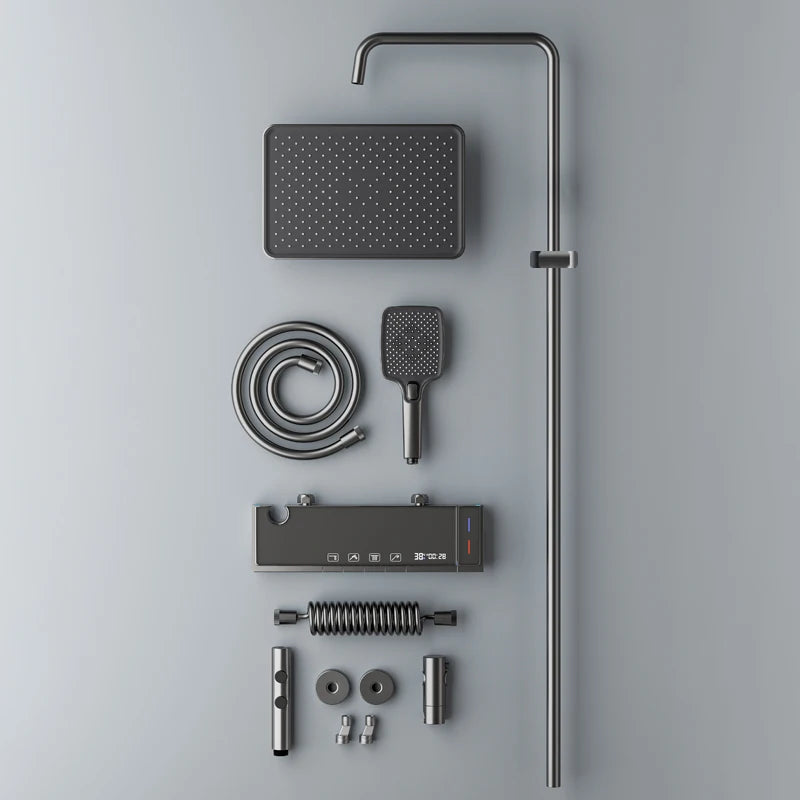 Modern Bathrooms Shower System Set Glass Panel Bathtub Rain LED Display Rainfall Shower Mixer Tap Thermostatic Faucet with Light