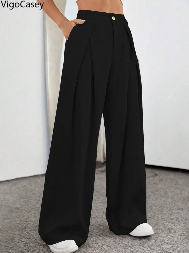 2025 High Waist Suit Pants For Women Casual Pocket Wide Leg Pants Lady Black Baggy Pants Female Straight Winter Office Trousers