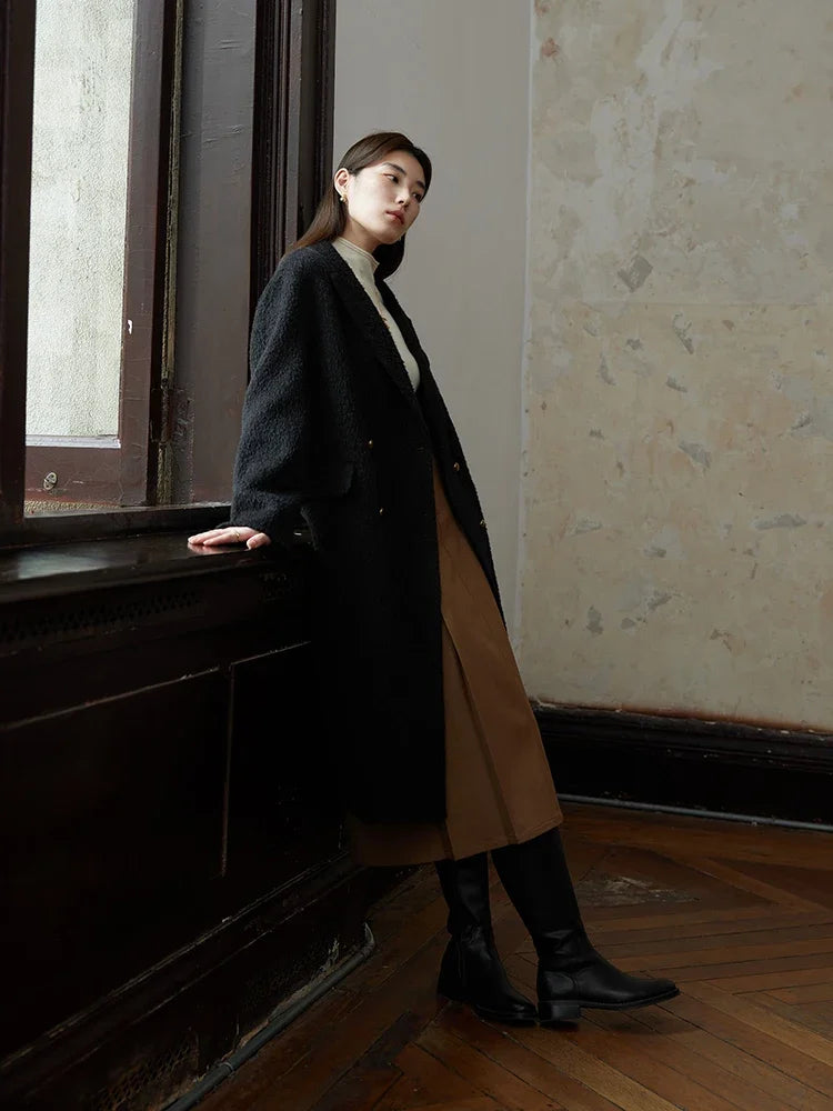 11.8% Alpaca 66.3% Wool Front Shoulder Women Black Long Temperament Woolen Coats Straight 2023 Winter Female Wool Coats