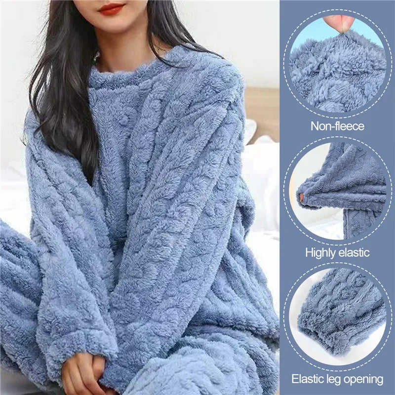 Winter Women Pajamas Set Coral Velvet Fluffy Homewear Thickened Two Piece Loungewear O Neck Sleepwear Soft Warm Leisure Suit