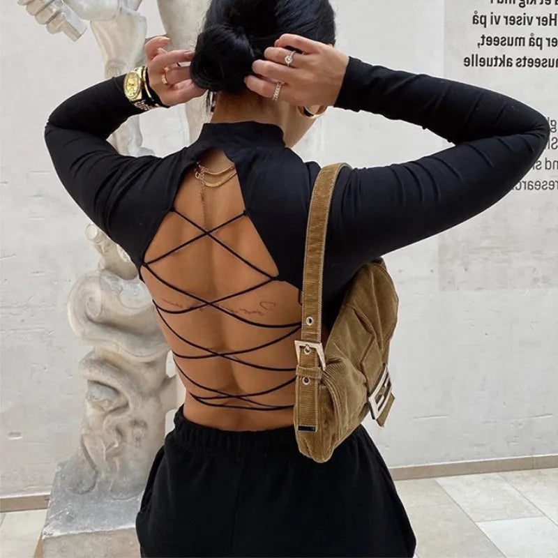 European and American Y2K Autumn/Winter New Round Neck Long sleeved Sexy Open Back Tie Slim Fit T-shirt for Women
