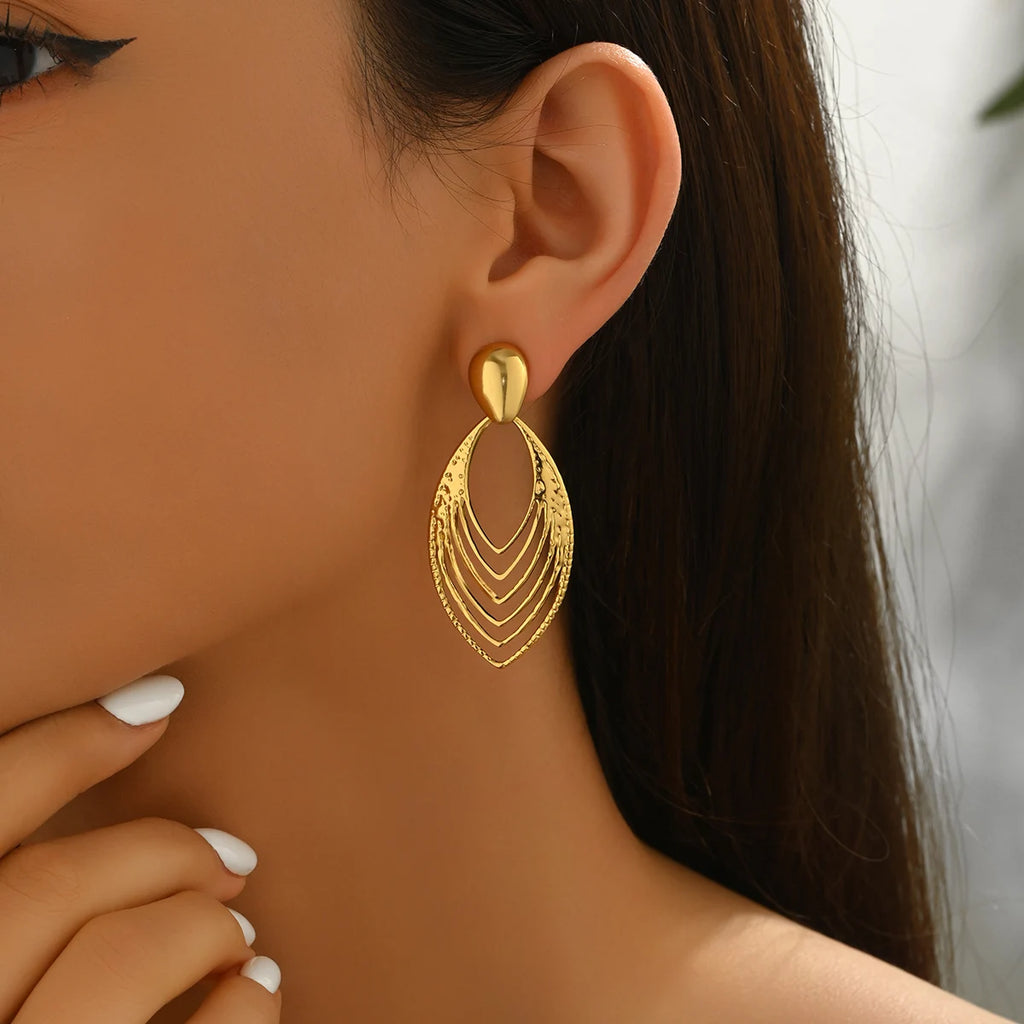 XJH043E A Pair Of Women's Golden Geometric Layered Teardrop Earrings, Fashionable And Elegant, Perfect For Gatherings/Daily Life