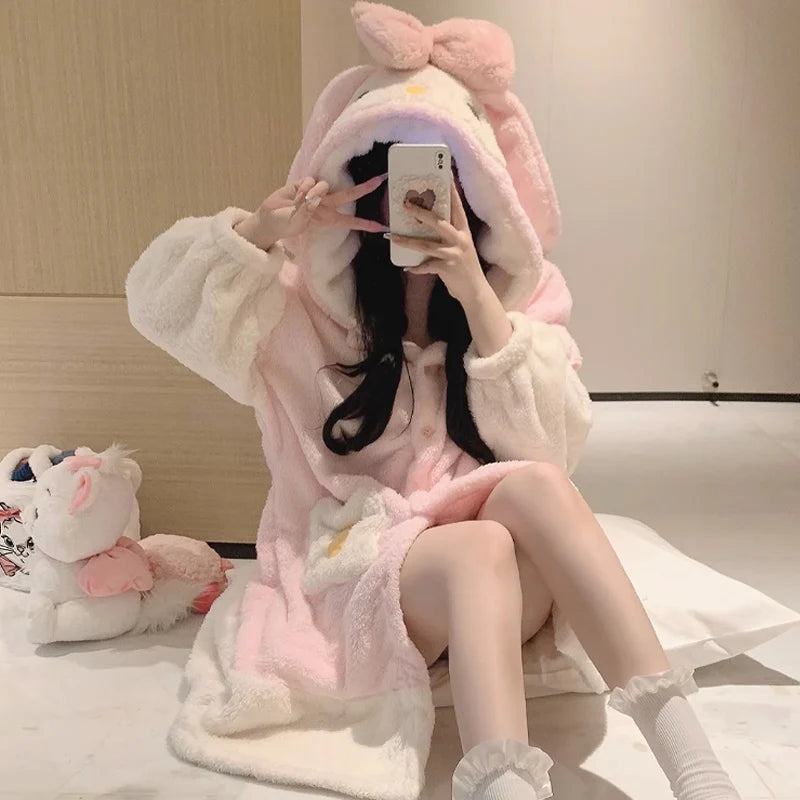 MINISO Senrio My Melody Home Wear Winter Keep Warm Coral Fleece Bathrobe Cute Cartoon Adult Soft Thicken Women Kawaii Pajama
