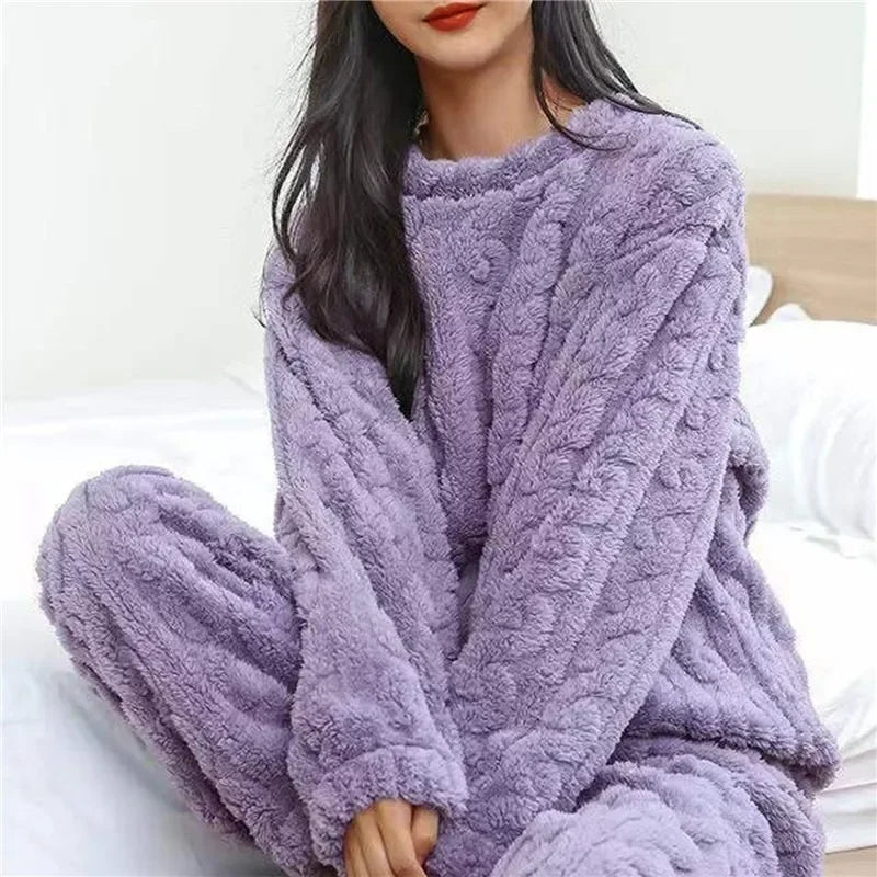 Winter Women Pajamas Set Coral Velvet Fluffy Homewear Thickened Two Piece Loungewear O Neck Sleepwear Soft Warm Leisure Suit