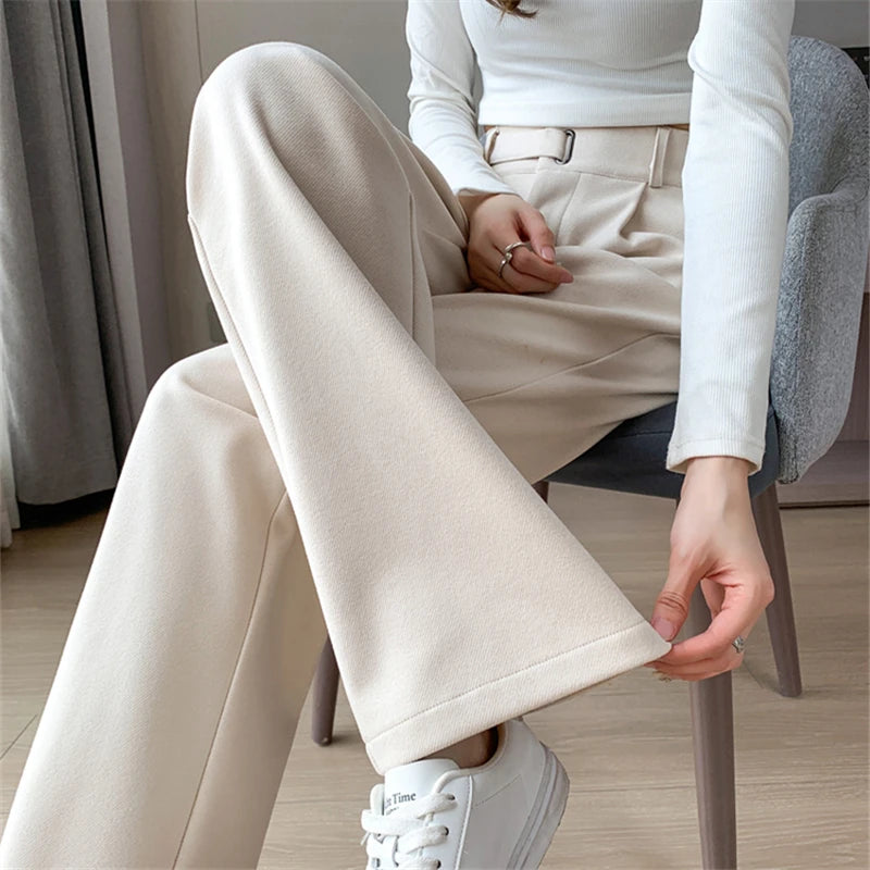 Seoulish Autumn Winter Thicken Woolen Casual Loose Full Length Pants 2025 New Button High Waist Chic Wide Leg Trousers Female