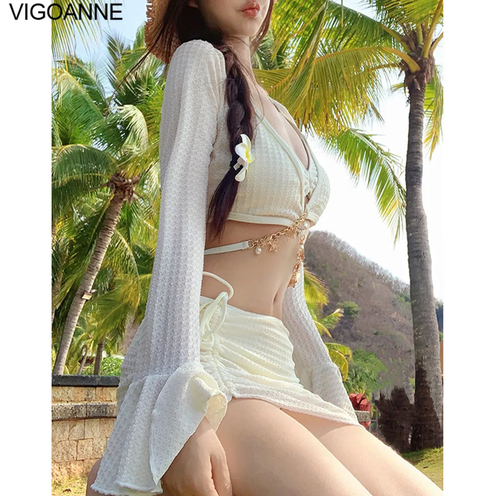 VigoAnne 2025 Solid Strapped Swimwear Women Sexy 4 Piece Smock Bikini Set Korean Push Up Swimsuit Backless Hollow Bathing Suit