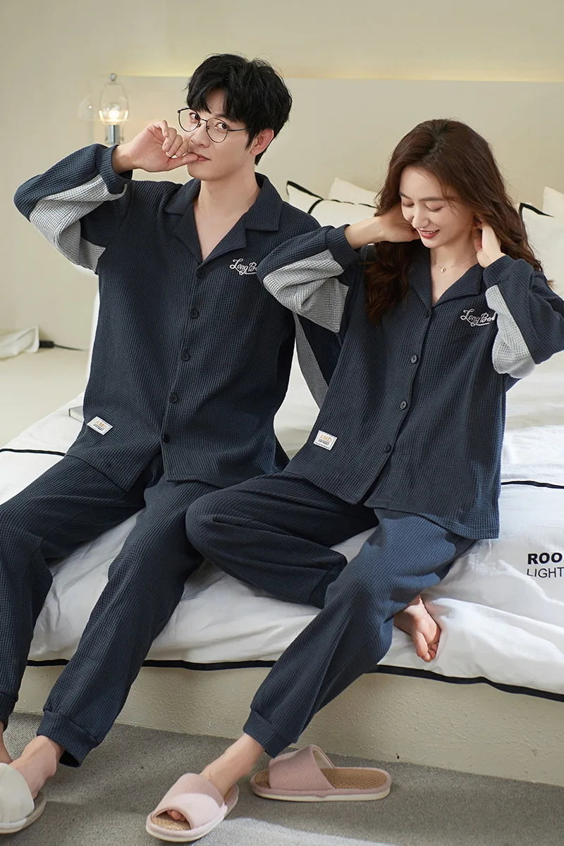 Autumn Winter Couple Men and Women Cotton Sleepwear Turn-down Collars Long Sleeve Pants Solid Nightwear Suit