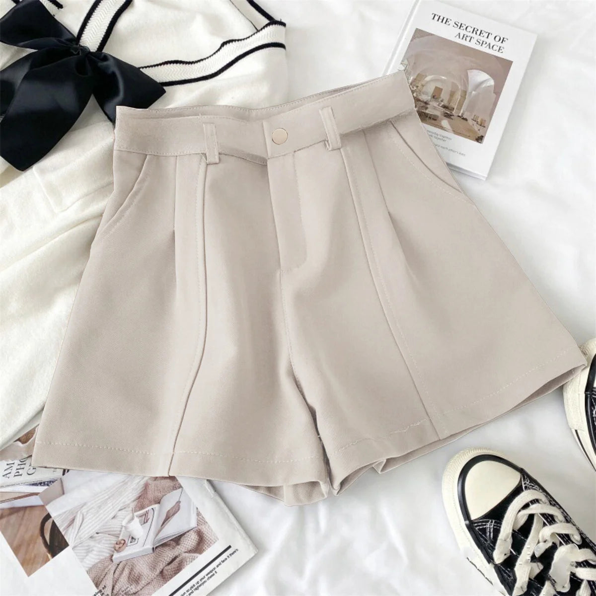 High Waist Short Pant For Women Spring Summer Solid A Line Pants Female Vintage Casual Street Shorts Korean Office Lady Trousers