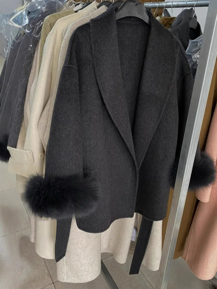 Tossy Fox Fur Wool Overcoat Women's Short Coat Office Lady Elegant Double-sided Woolen Coat 2025 New Cardigan Jackets Loose Wool