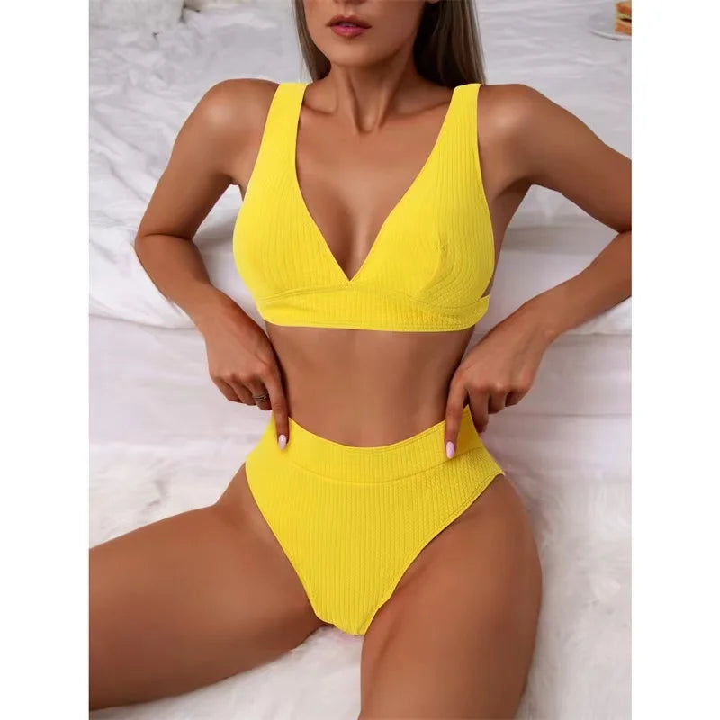 2025 New Sexy V-Neck Ribbed Bikini High Waist Swimsuit Women Solid Push Up Swimwear Female Bathing Suit Bikini Set Beachwear