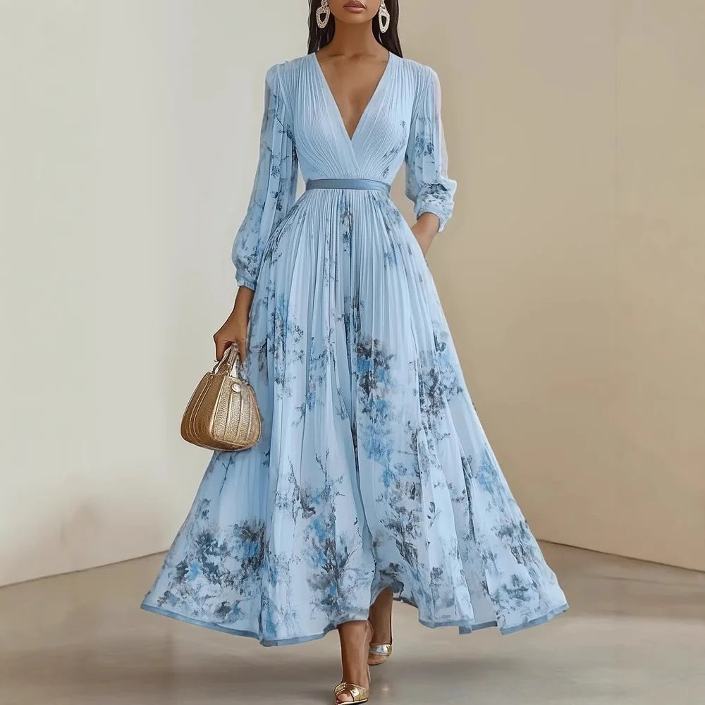 2025 Summer Long Sleeve Boho Maxi Long Dress Woman Elegant Floral Print A-Line Pleated Sexy Deep V Neck High Waist Dress Autumn
