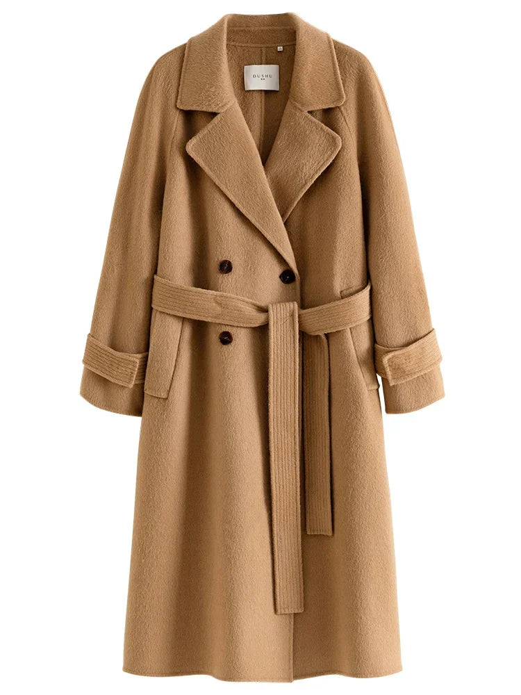 100% Wool Temperament Camel Color Women Long Double Breasted Woolen Coat Raglan Sleeve Belt Design Female Wool Jackets