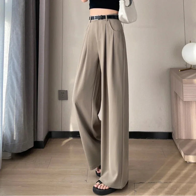 2025 New Spring Summer Casual Loose Women's Wide Leg Full Length Pants High Waist Solid Female Elegant Straight Trousers