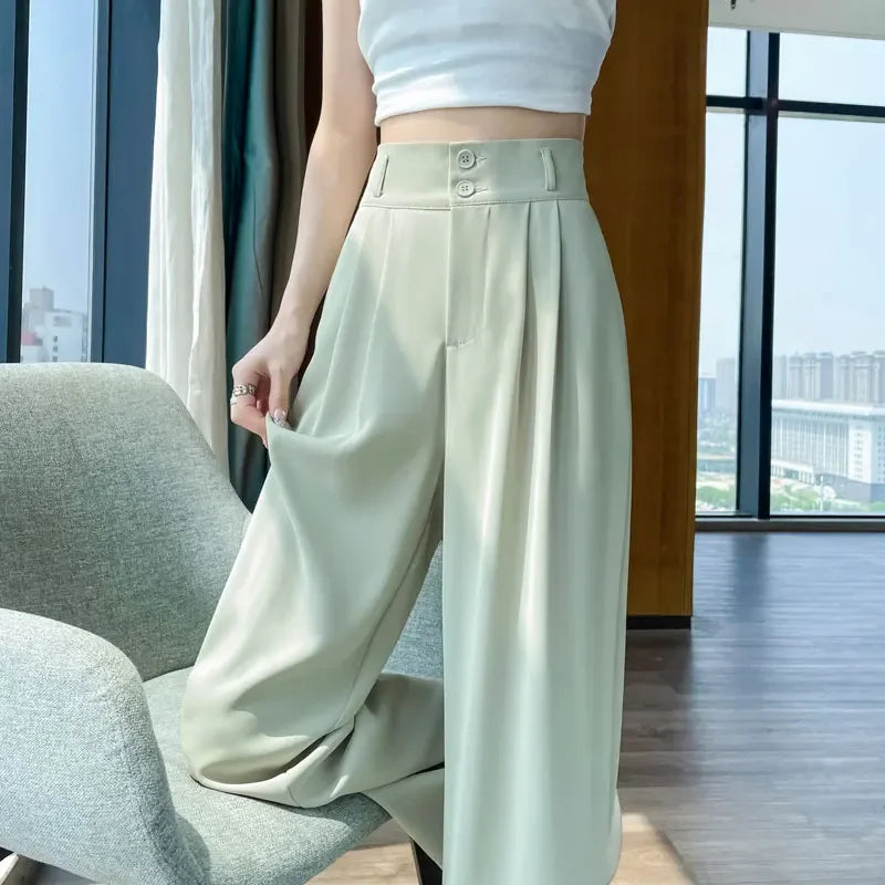 2025 New Spring Summer Button High Waist Wide Leg Pants for Women White High Waist Straight Loose Full Length Trousers Female