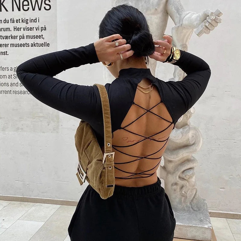 European and American Y2K Autumn/Winter New Round Neck Long sleeved Sexy Open Back Tie Slim Fit T-shirt for Women