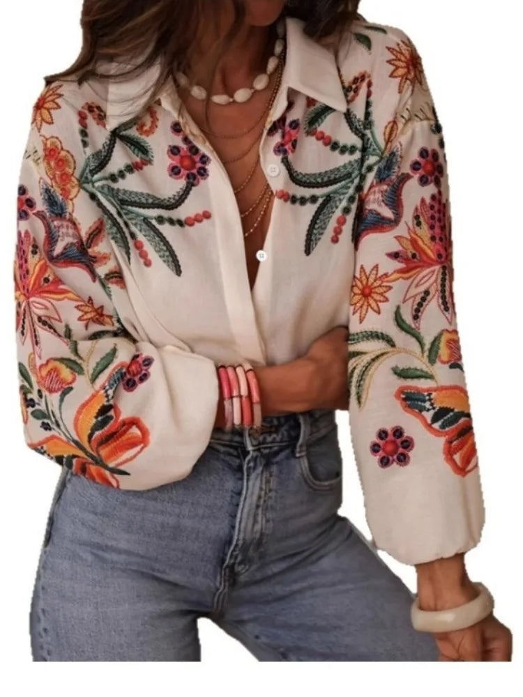 Women's 2025 Autumn Fashion Loose Long-sleeved Digital Printed Shirt Top Streetwear Spring New Female Lapel Button Shirts Bloues