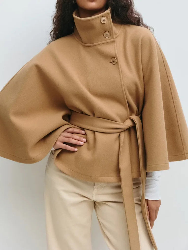Woman Elegant Vintage Cape Coat Loose Stand Neck Belt Single Breasted Female Streetwear 2025 Autumn Winter Casual Lady Outwear