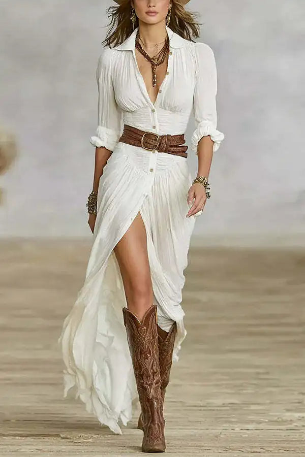 Woman Dresses 2025 Autumn New French Retro V Neck Belted Slim Pleated Long Dress Single Breasted Long Sleeve Slit Bohemian Dress
