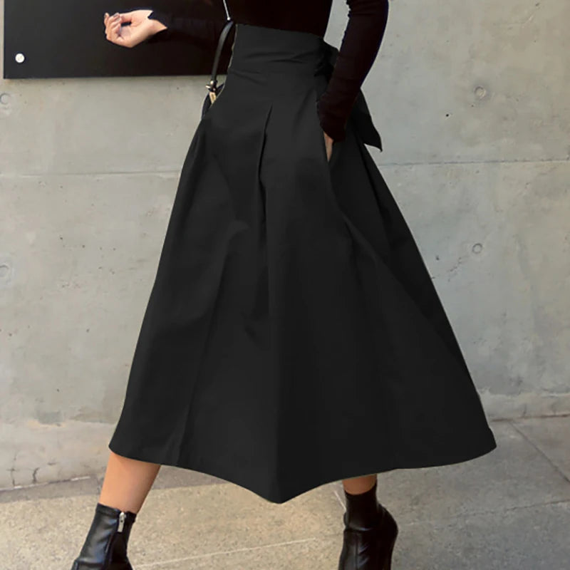 2025 New Autumn Black Skirts Womens Korean Fashion Solid Color Big Swing Female Skirt Long Skirt Wild High Waist Bow Slim Skirts