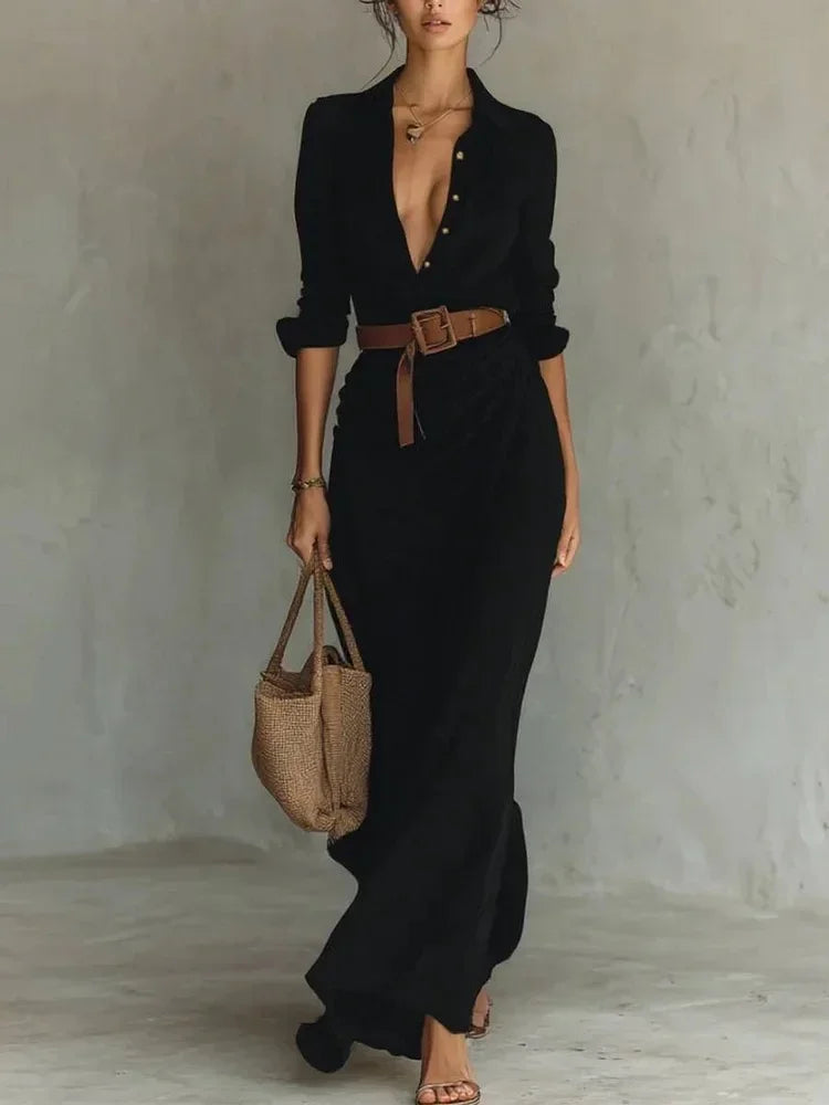 2025 New Autumn Woman Sexy Deep V Neck Hollow Long Dress Elegant Solid Belted Irregular Party Long Sleeve Slim Casual Dresses