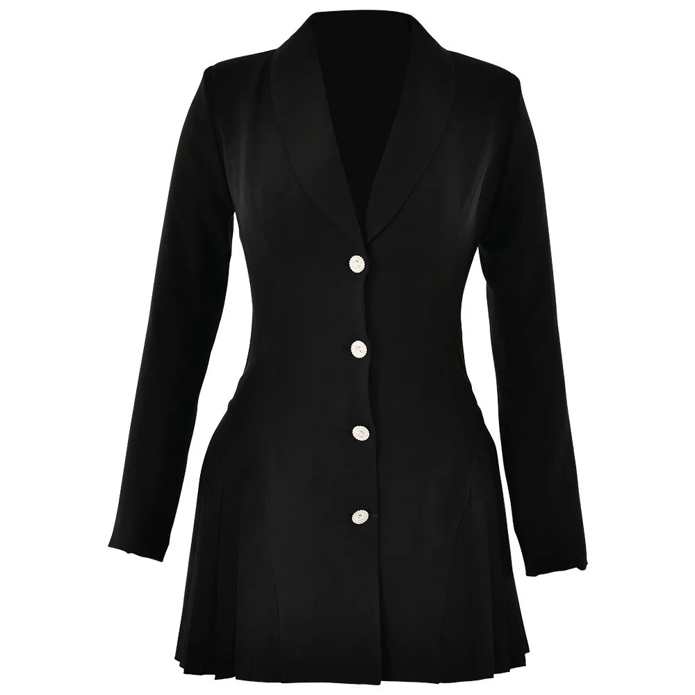 2025 Autumn New Fashion V-Neck Short Dress Women Elegant Temperament Office Lady Blazer Dress Sexy Slim Pleated Black Dresses
