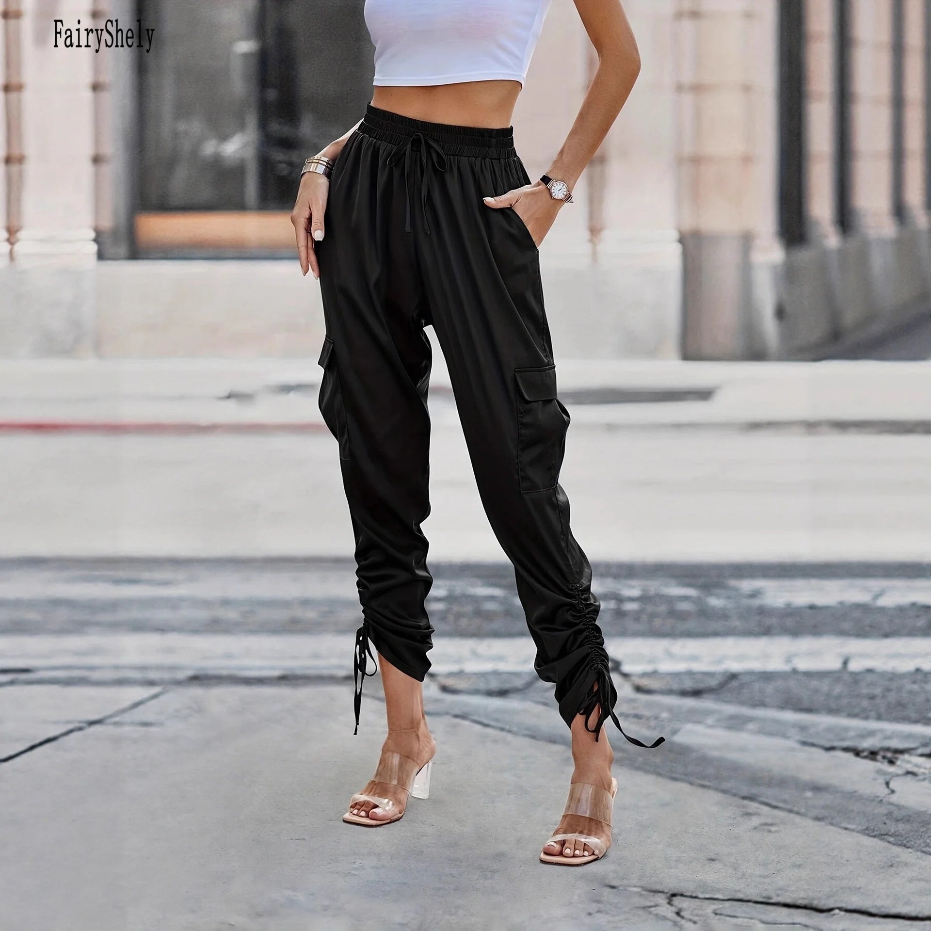 2025 Casual Black Pencil Pants For Women Elastic Band High Waist Pants lady Elegant Summer Pocket Straps Office Trousers Female