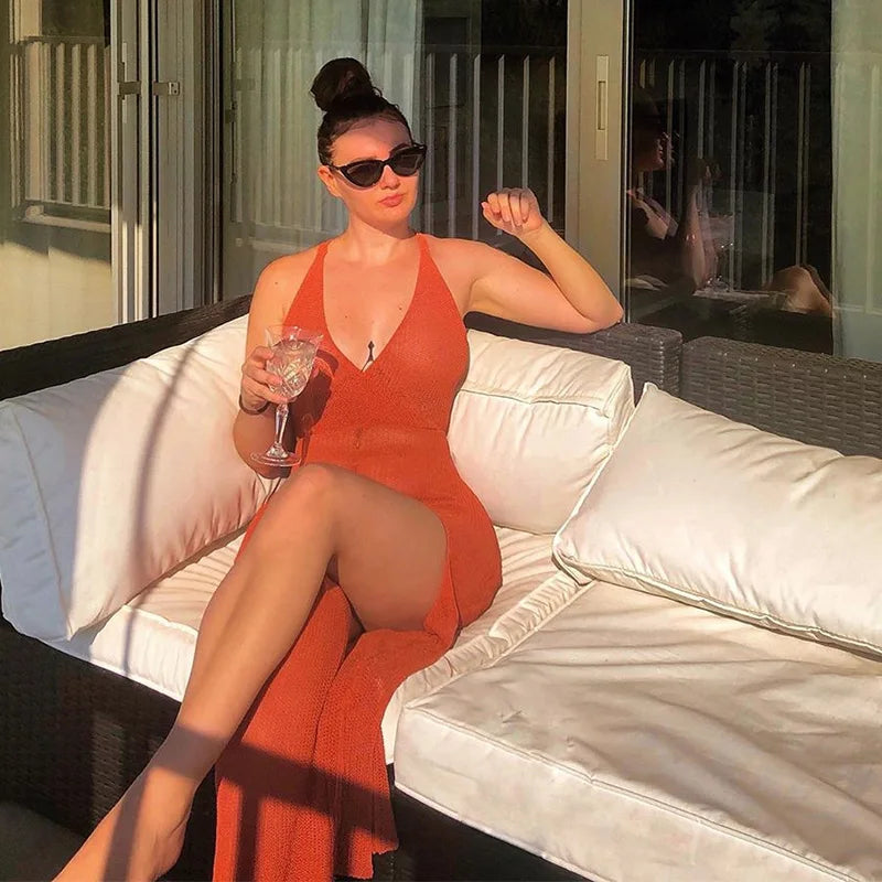 2025 New Crochet Beach Maxi Dress for Women See Through Sexy Bikini Plunge Backless Bandage Sleeveless Lacing Split Long Dresses