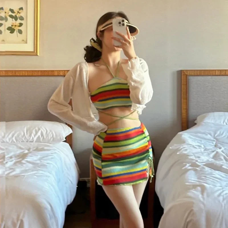 Sexy Knitted Three-piece Bikini Set Neck Hanging Striped Thermal Spring New Arrival Women's Swimsuit Three Colors Available