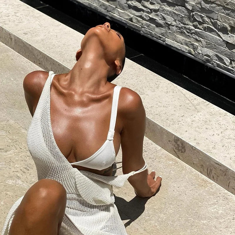 2025 New Crochet Beach Maxi Dress for Women See Through Sexy Bikini Plunge Backless Bandage Sleeveless Lacing Split Long Dresses
