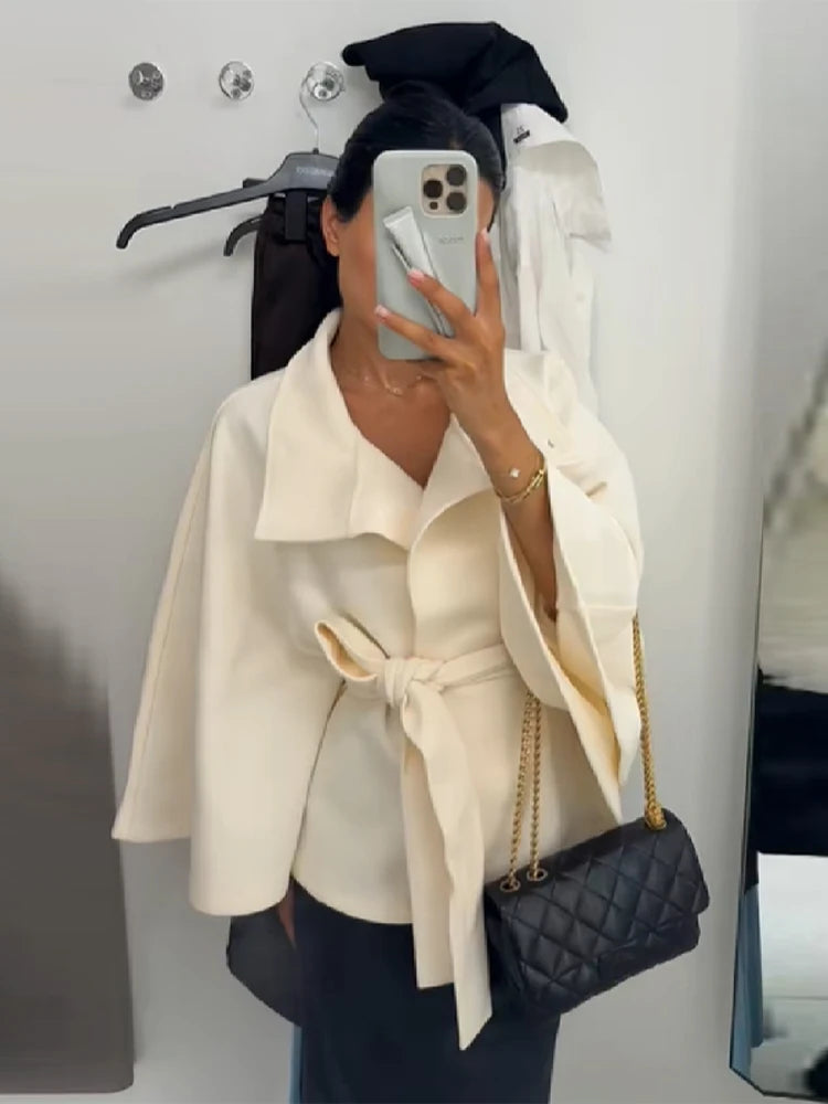 Woman Elegant Vintage Cape Coat Loose Stand Neck Belt Single Breasted Female Streetwear 2025 Autumn Winter Casual Lady Outwear