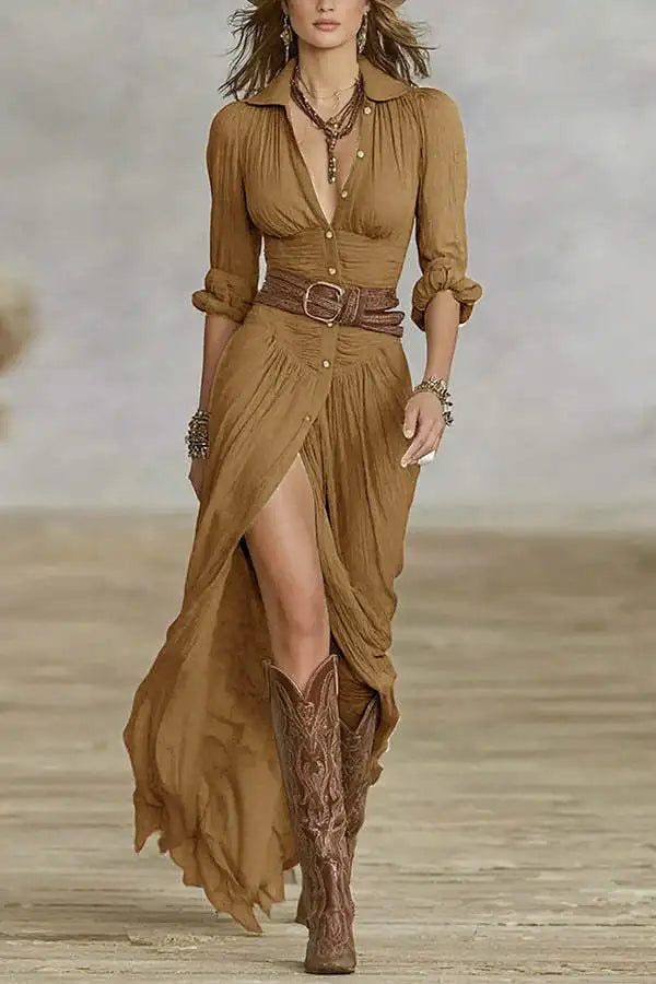 Woman Dresses 2025 Autumn New French Retro V Neck Belted Slim Pleated Long Dress Single Breasted Long Sleeve Slit Bohemian Dress