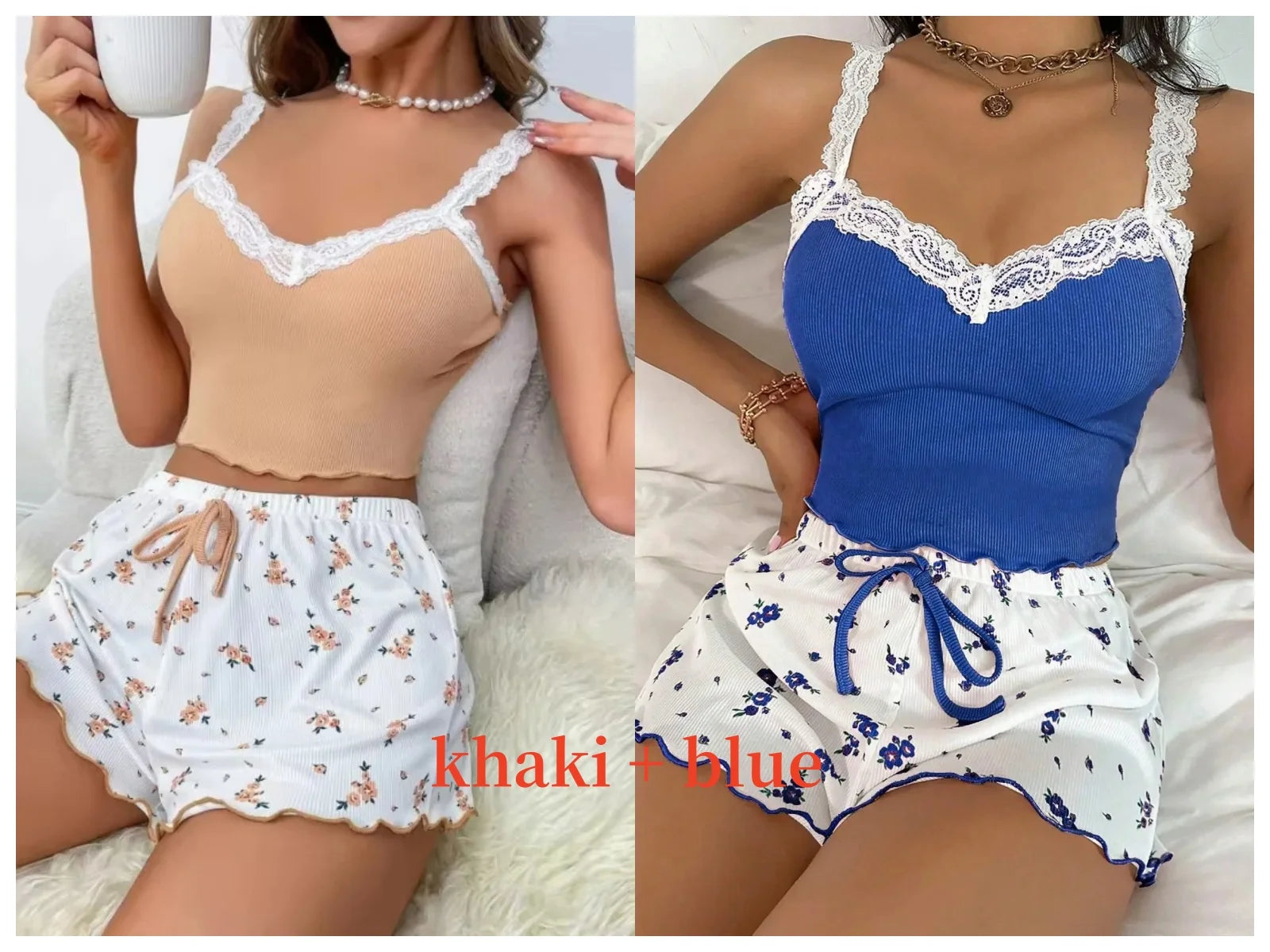 Women 2psc Pajama Set Pink Lace Patchwork V-Neck Sleepwear Sexy Nighties Suit Cami Top Printed Shorts Soft Pyjamas Loungewear
