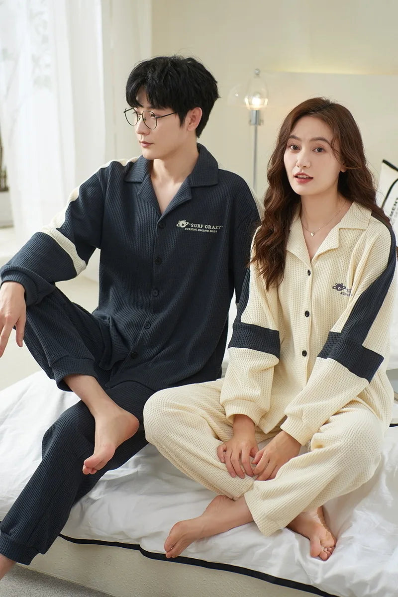 Autumn Winter Couple Men and Women Cotton Sleepwear Turn-down Collars Long Sleeve Pants Solid Nightwear Suit