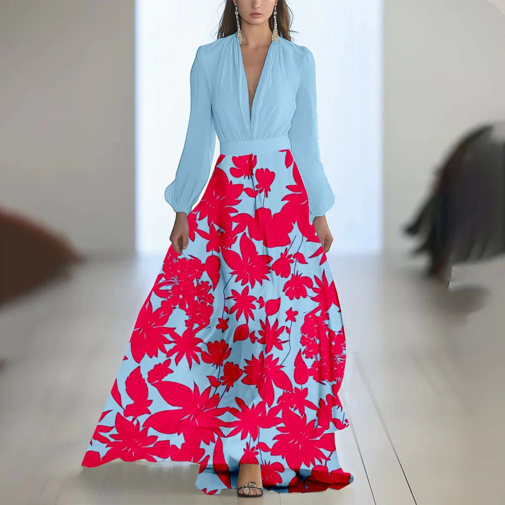 2025 Fashion Floral Print Patchwork Bohemian Dress Woman Sexy Deep V Neck Hollow Long Dresses New Puff Sleeve Loose Maxi Dress