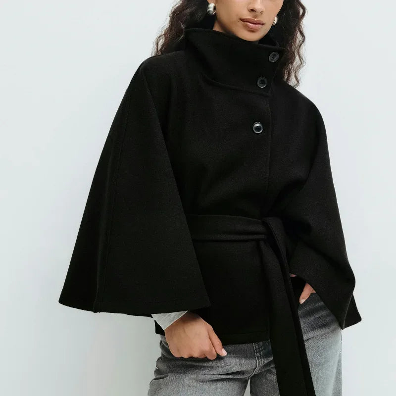 Woman Elegant Vintage Cape Coat Loose Stand Neck Belt Single Breasted Female Streetwear 2025 Autumn Winter Casual Lady Outwear