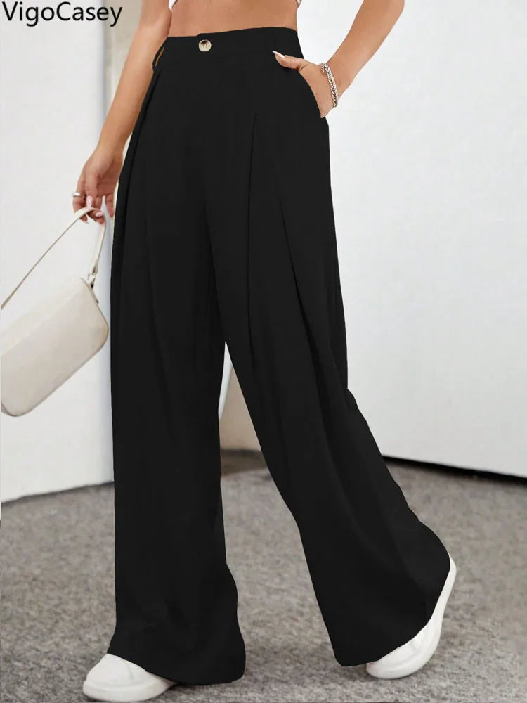 2025 High Waist Suit Pants For Women Casual Pocket Wide Leg Pants Lady Black Baggy Pants Female Straight Winter Office Trousers