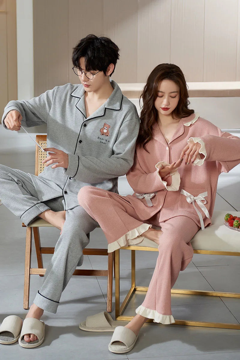 Autumn Winter Couple Men and Women Cotton Sleepwear Turn-down Collars Long Sleeve Pants Solid Nightwear Suit