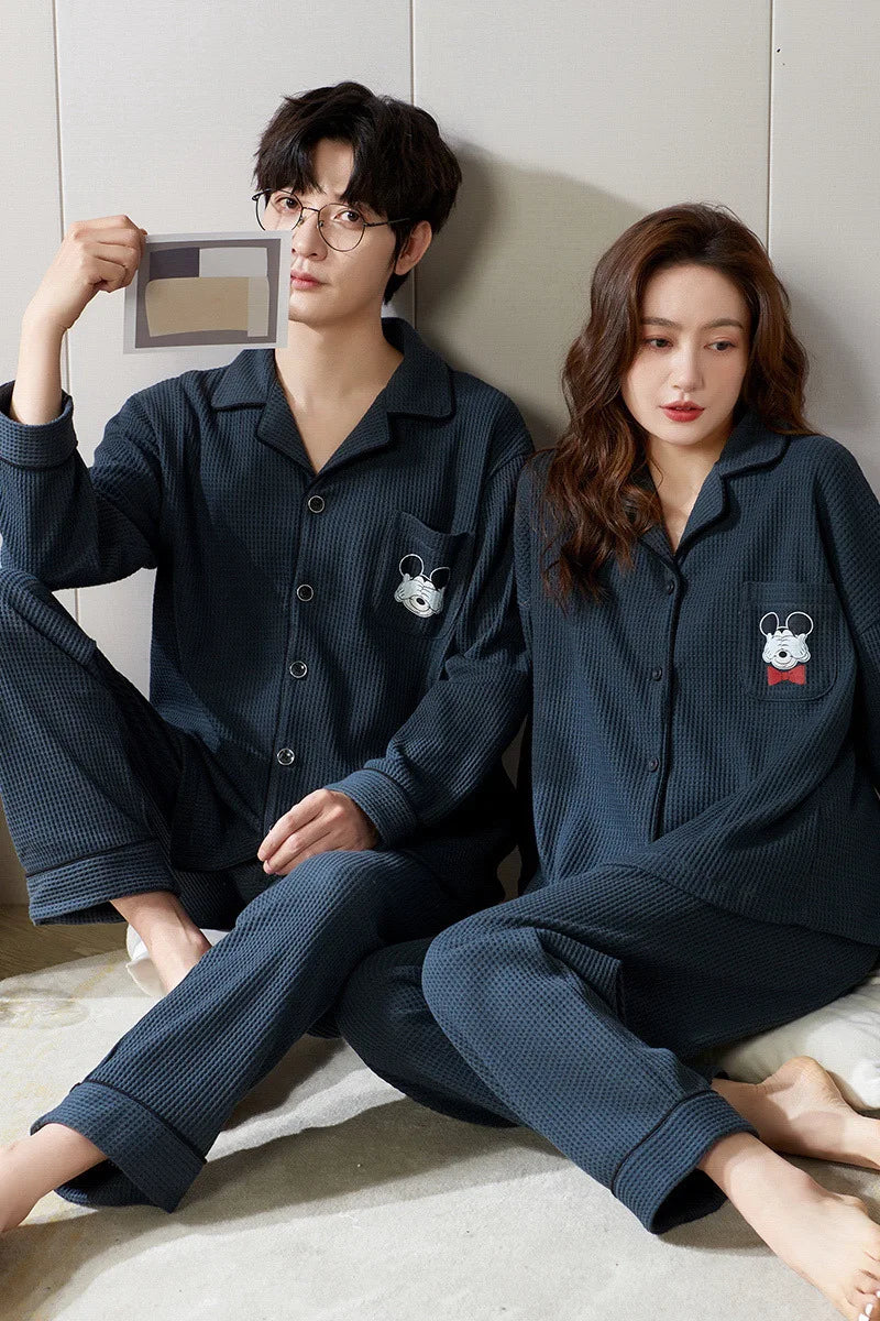 Autumn Winter Couple Men and Women Cotton Sleepwear Turn-down Collars Long Sleeve Pants Solid Nightwear Suit