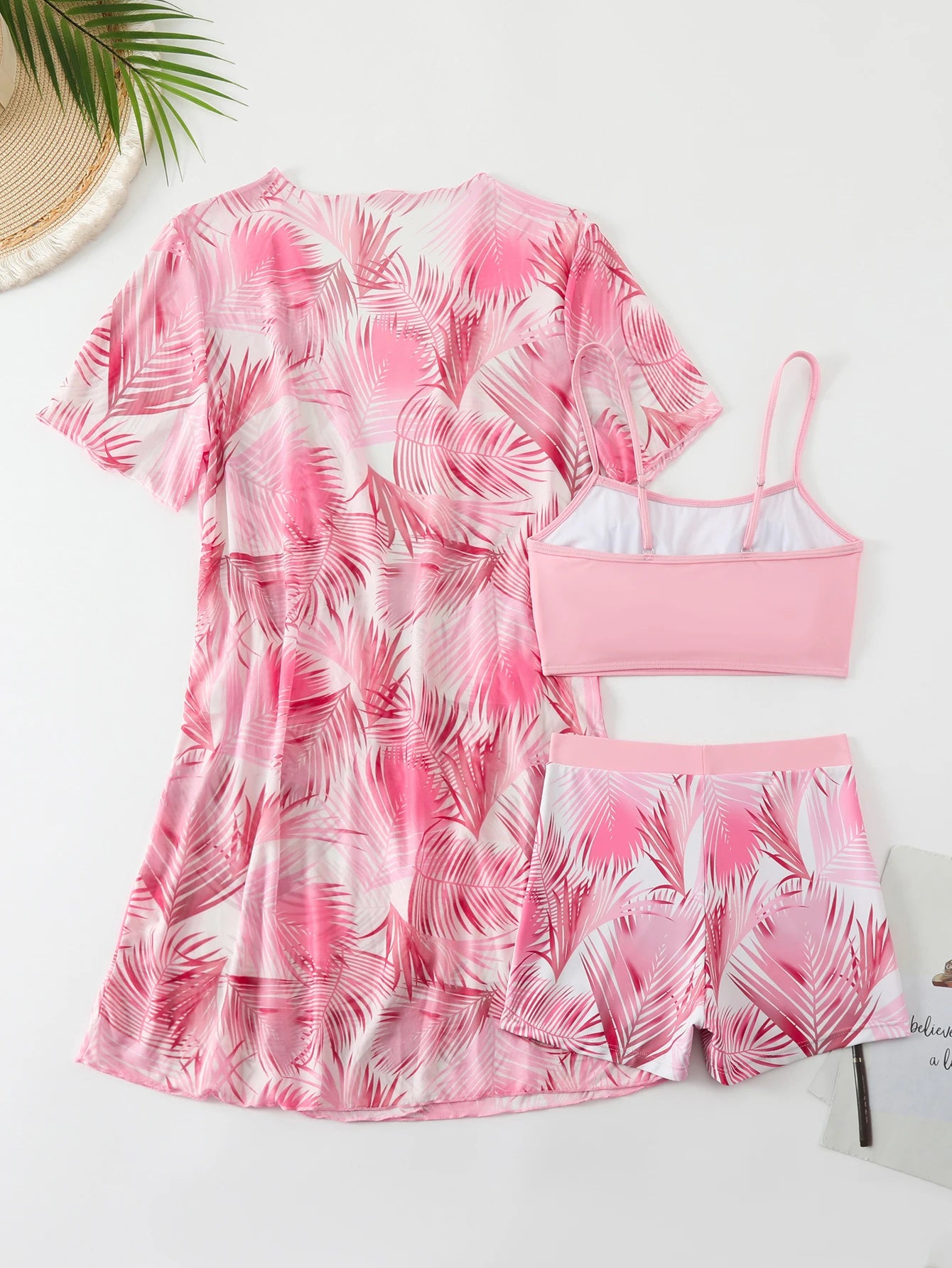 Holiday Swimsuit Tropical Palm Leaf Printed Pink Elastic Flat Leg 3-Piece Swimsuit Strap Comfortable Casual Swimsuit, Short Slee